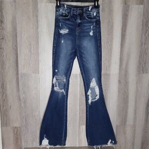 Flying Monkey Ultra High Rise Raw Hem Flare Jeans Distressed Medium Wash 23x32